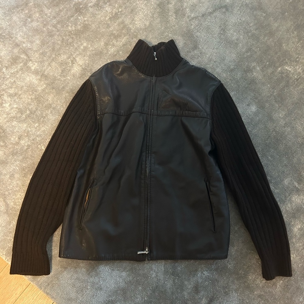 Loro Piana Brown Leather ZipUp Jacket knitted back and arms